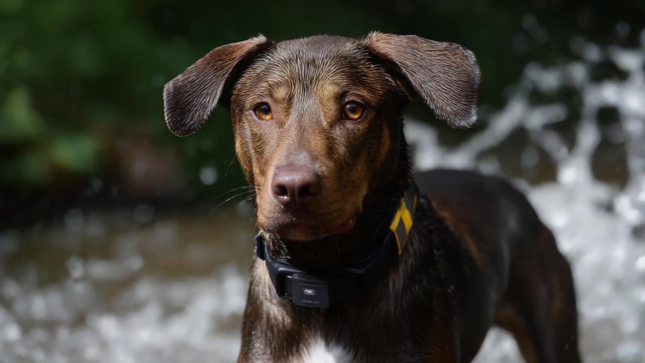 Um cão alegre espirra água, exibindo sua natureza brincalhona e amor por aventuras ao ar livre, capturado em dois quadros de ação e expressão vibrantes