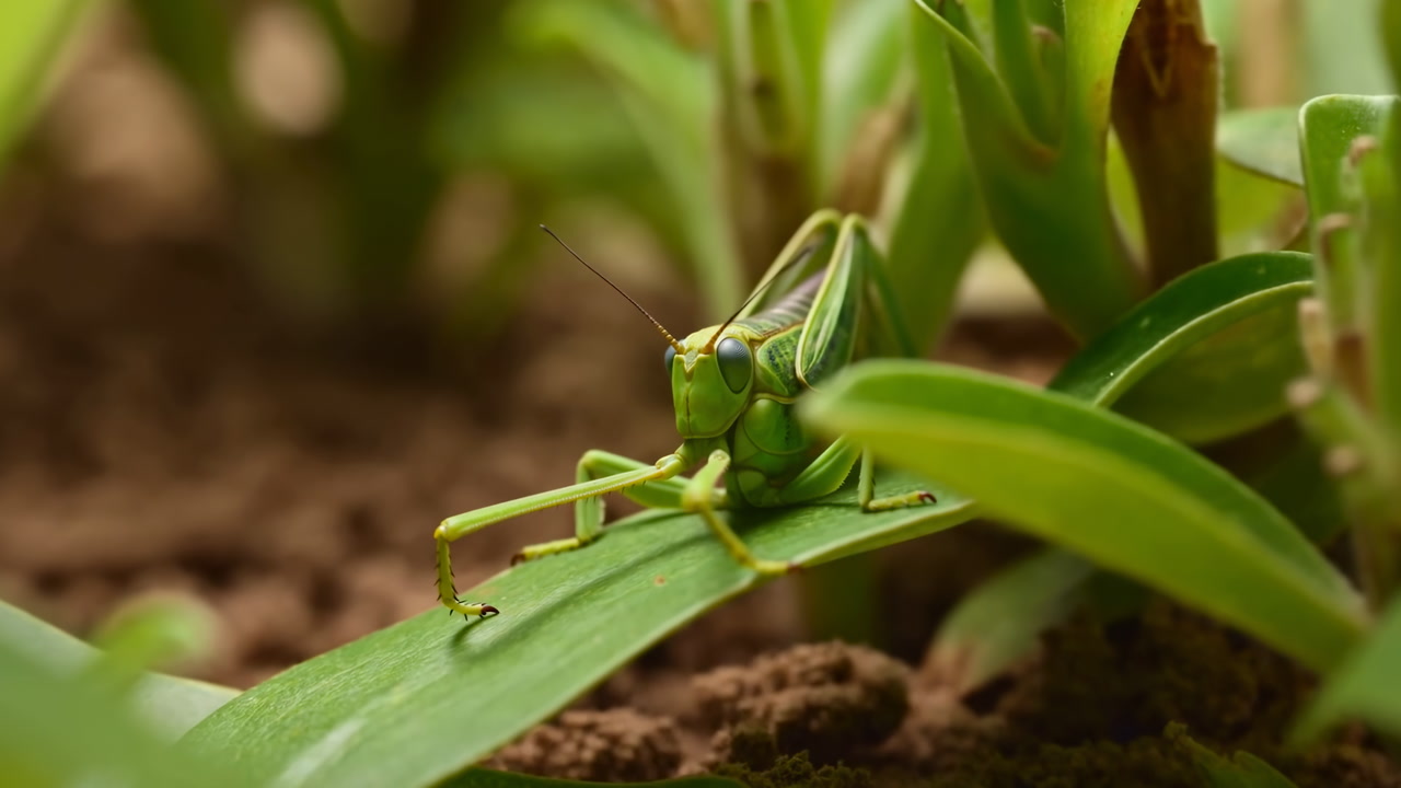 Cinematic Macro Shot Of Green Grasshopper Perched On Leaf, Closeup Exploration Of Antennae And Forelegs, Soft