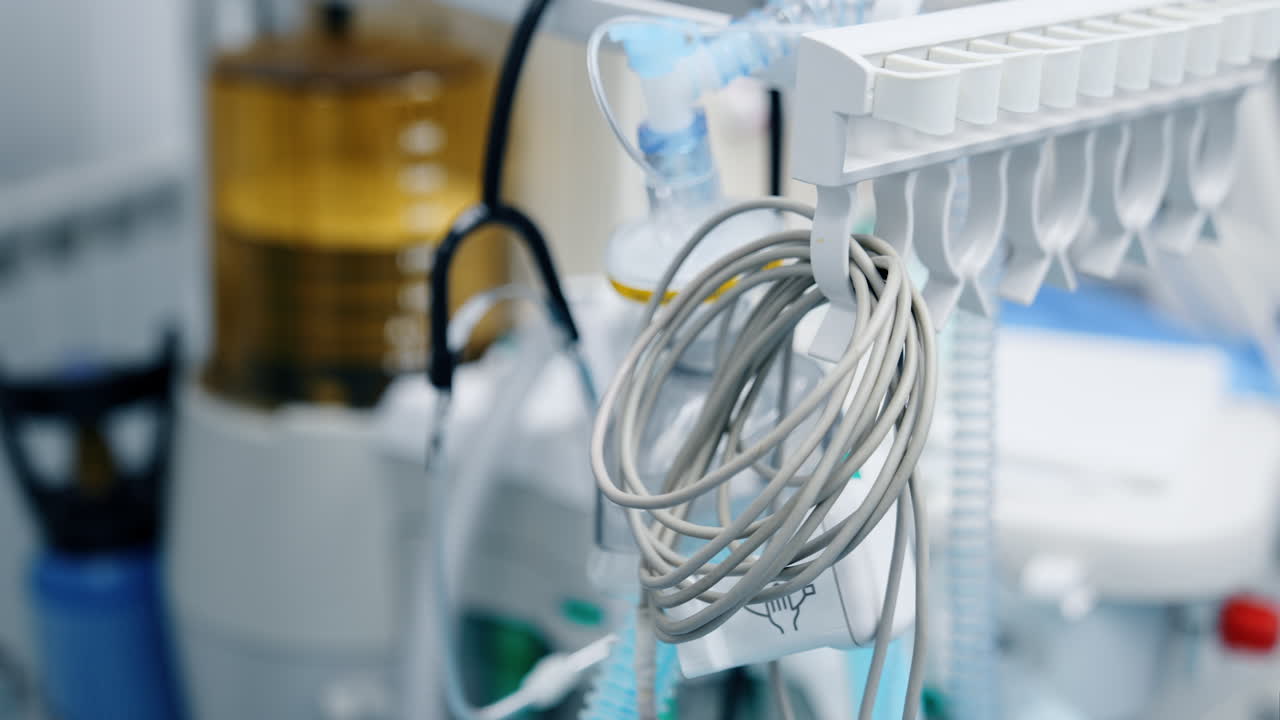 Folded wire from the medical equipment hanging in the ward. Lung ventilator machine at backdrop.