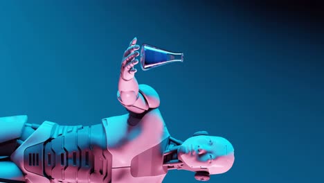 de pensamiento vertical un robot hominoide sosteniendo un holograma de vidrio de blister de laboratorio utilizando inteligencia artificial animación de renderización en 3d