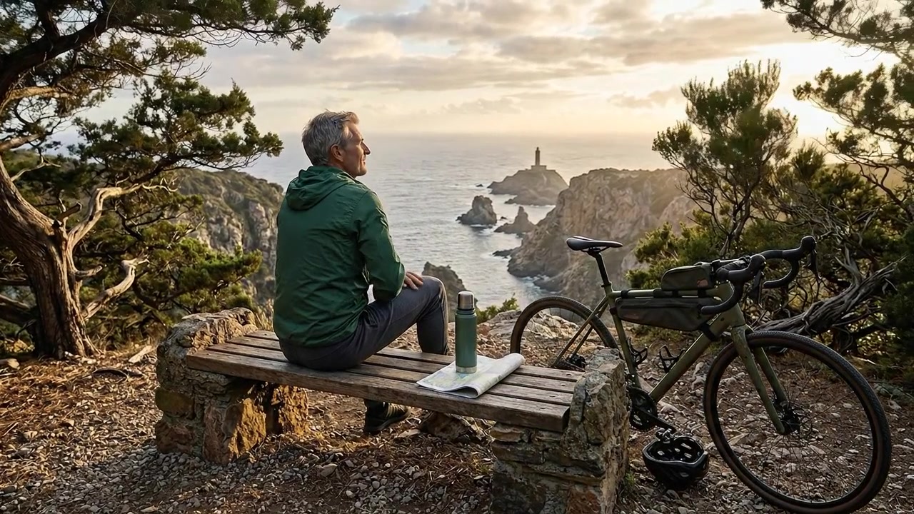 Viaggiatore che si gode un paesaggio montano sereno con la bicicletta