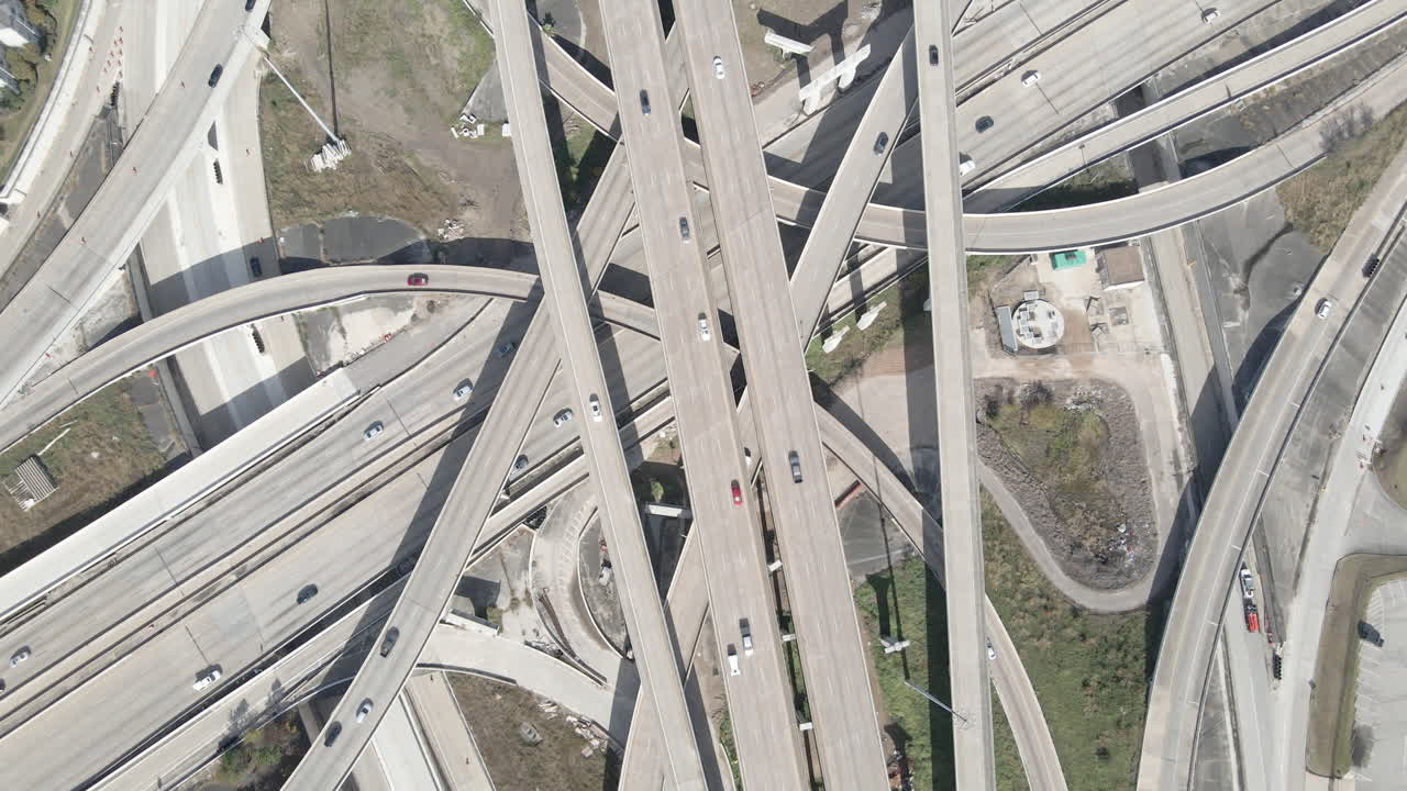 Biggest Highway interchange in construction in Houston Texas. Huge freeway interchange at I69 and I610 freeway. Topdown aerial view of the busiest freeway interchange in Houston. Drone shot. 4K