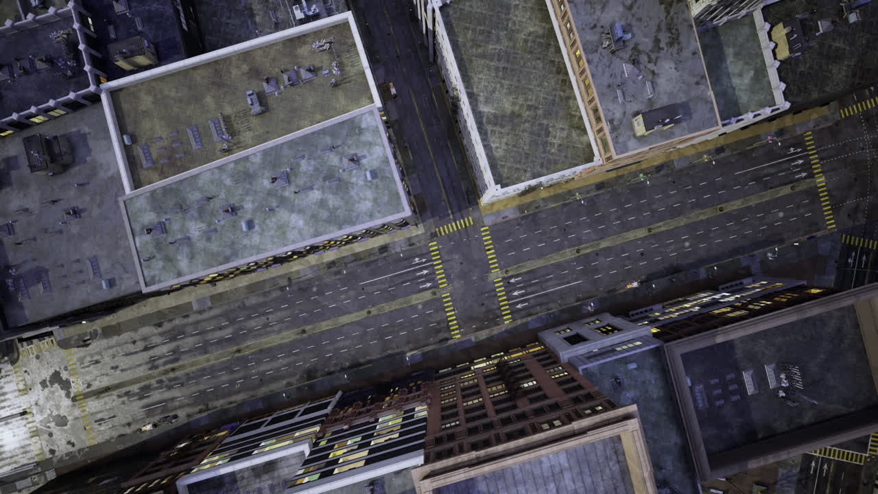 Urban view of city streets and rooftops captured from above during the day