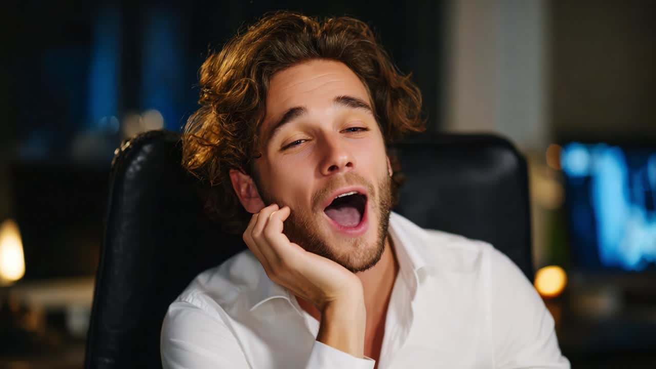 A young man in a modern office environment expresses a range of emotions, transitioning from a yawn to a bright smile, capturing the essence of relaxed yet joyful moments in casual work settings