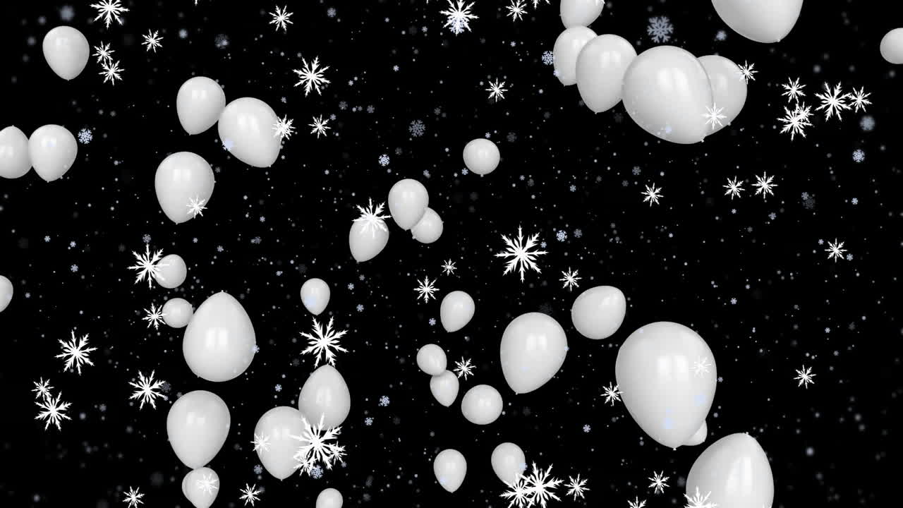 Floating white balloons with snowflakes on black background in animation style