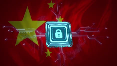 animation of padlock, computer circuit board with data processing and flag of china