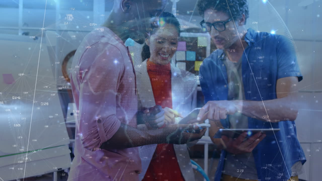 Animation of network of connections and globe over diverse business people in office