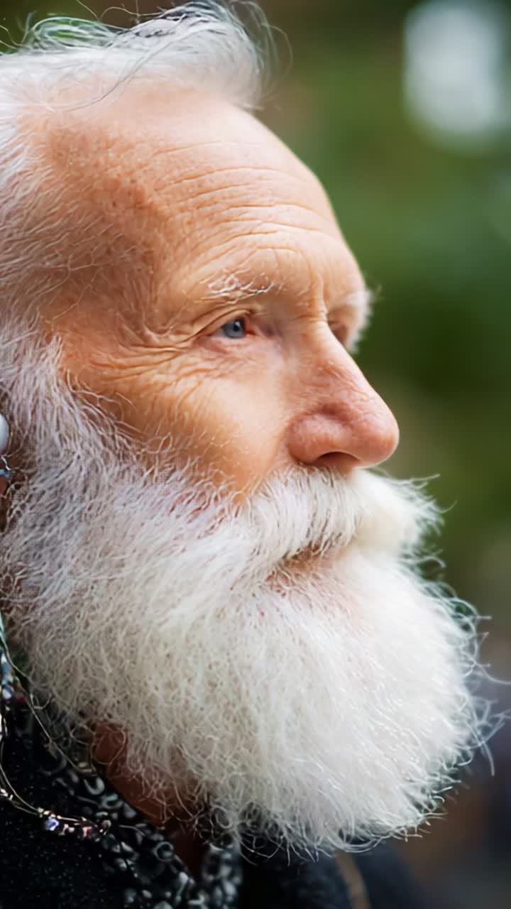 Primo piano di un uomo anziano con una barba bianca particolare e tratti somatici notevoli, immortalato in un sereno ambiente esterno