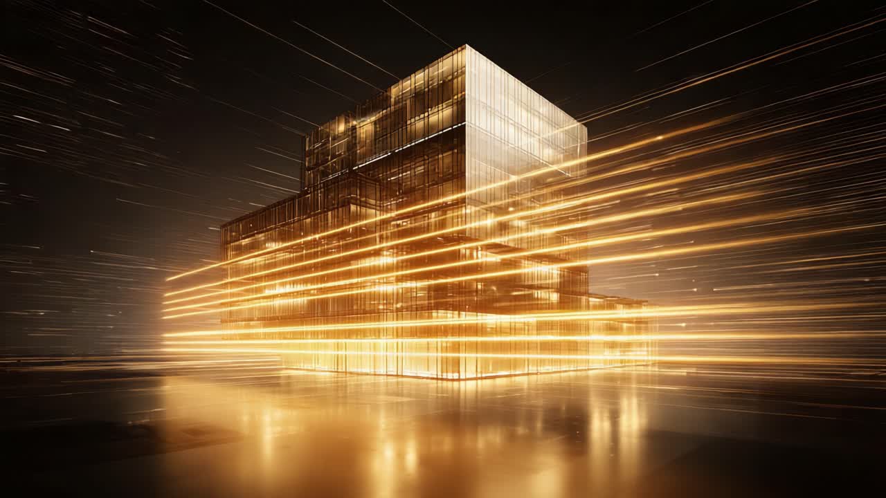 Dynamic Architectural Structure Illuminated with Golden Lights Showing Fast Motion Effects, Symbolizing Innovation and Futuristic Design in a Digital Environment, Creating a Visually Stunning Experience