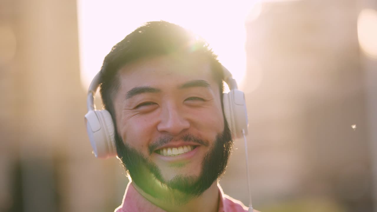 Smiling Man with Headphones Enjoying Music Outdoors at Sunset