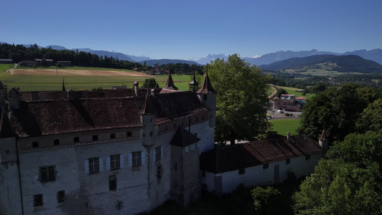 Oron Castle medieval building aerial drone Switzerland landmark Swiss heritage site