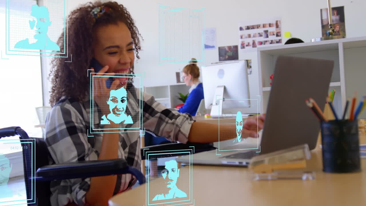 Talking on smartphone and using laptop in office, woman with facial recognition animation