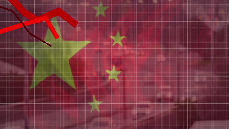 animación de líneas rojas, bandera de china y procesamiento de datos financieros sobre el paisaje urbano
