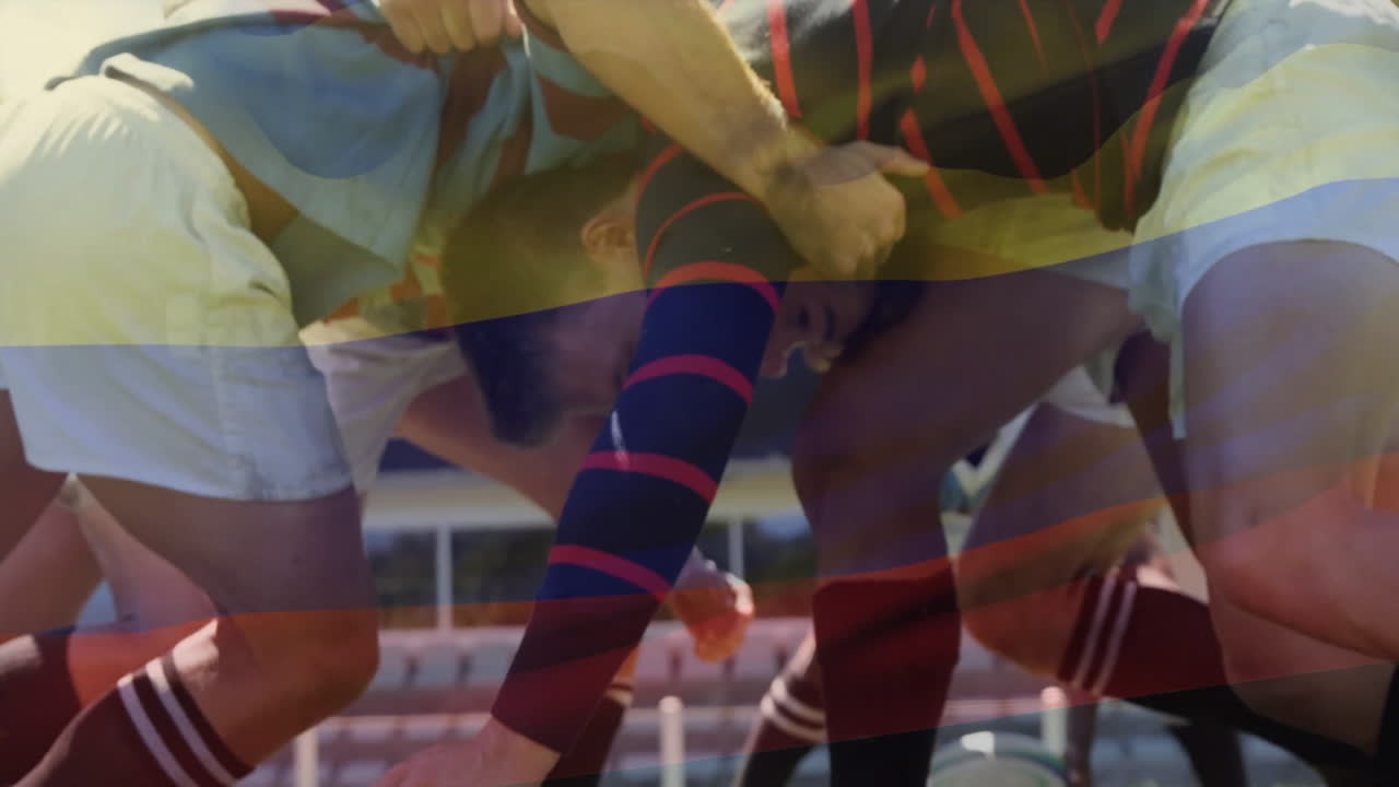 In school, animation showing rugby players in scrum formation on grassy field