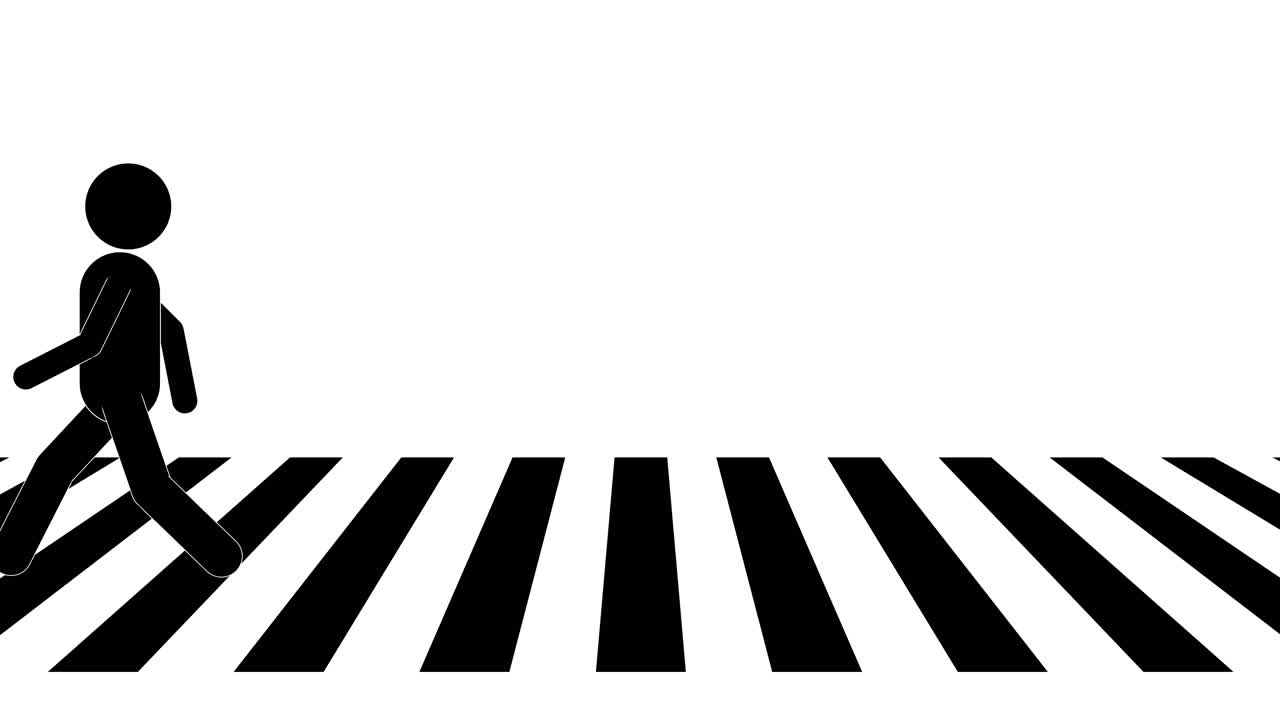 Black stick figures representing men and women walk across a striped crosswalk on white background