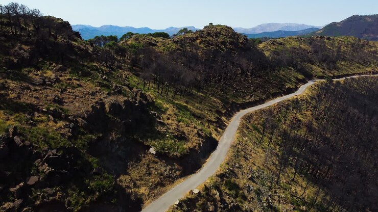 Un drone si alza sopra una strada di montagna accanto a una foresta bruciata vicino a Estepona, Spagna.