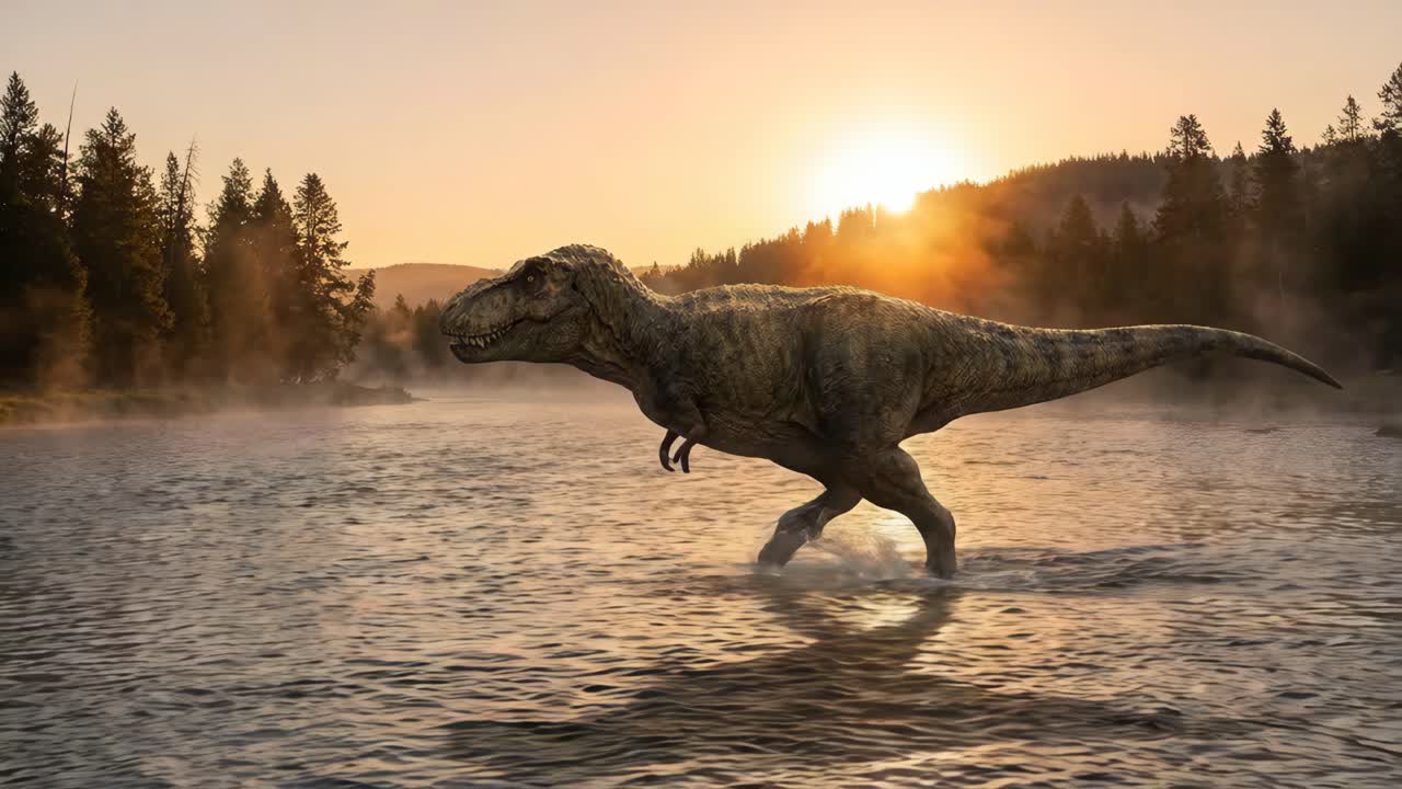 Un Tyrannosaurus Rex che attraversa un fiume all'alba