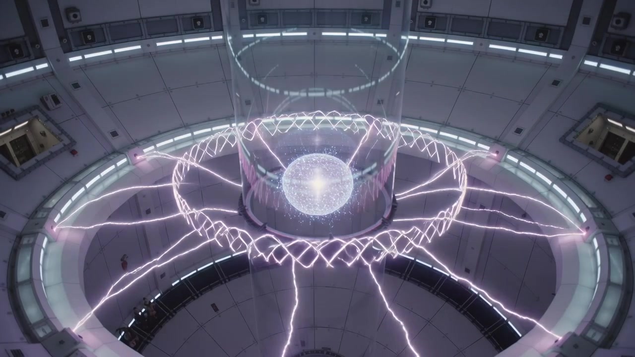 Firing base ring releasing purple arcs forming grid, luminous core settling stabilizing in tube