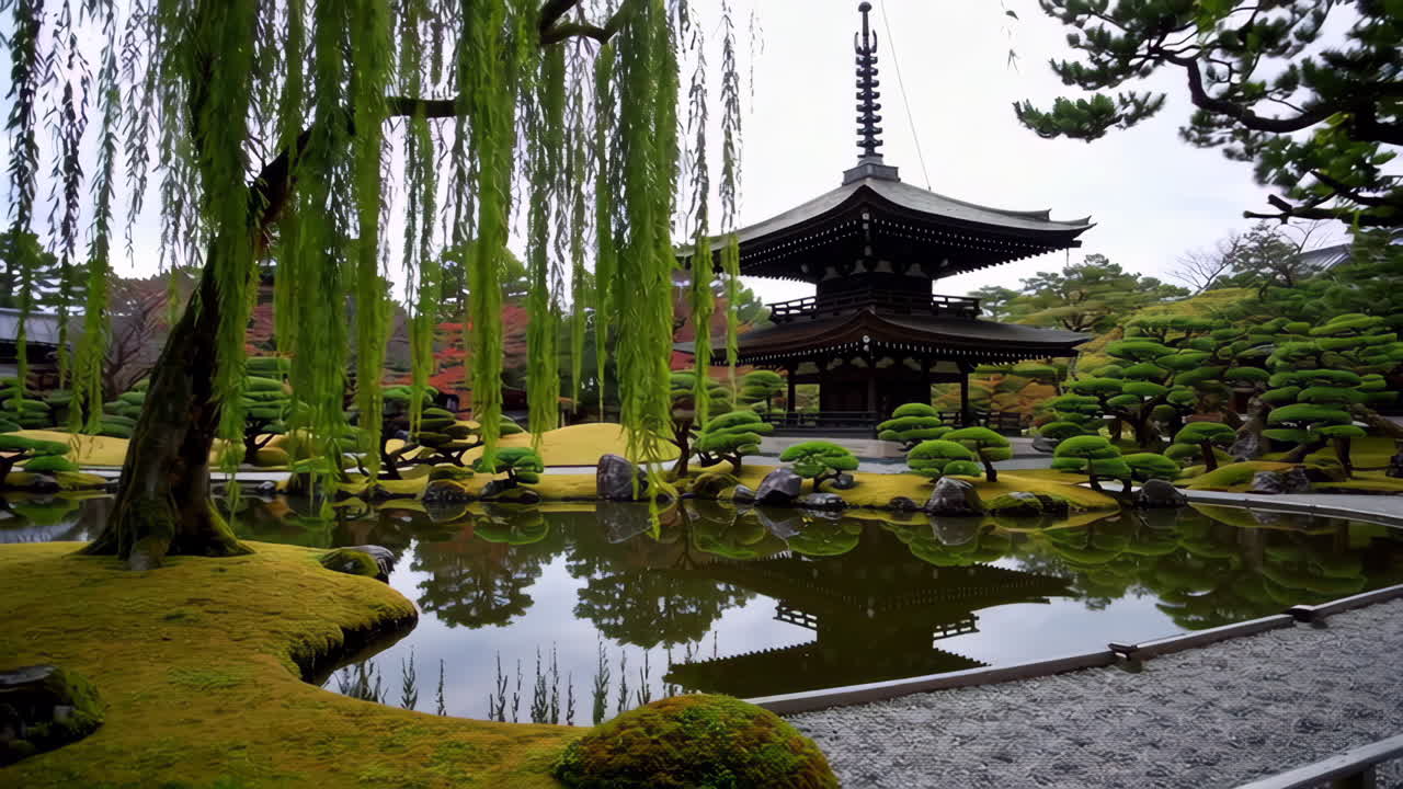 Japanese Temple and Zen Garden in Autumn