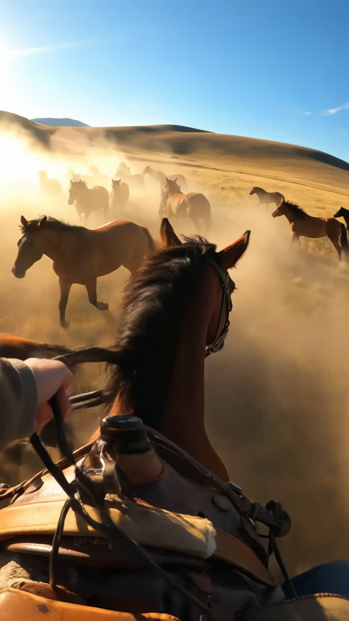 A person riding a horse with a herd in a landscape
