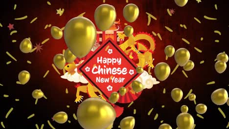 Animation-of-happy-chinese-new-year-text-with-temple-and-dragon,-gold-balloons-and-confetti