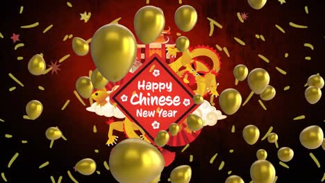 animation of happy chinese new year text with temple and dragon, gold balloons and confetti