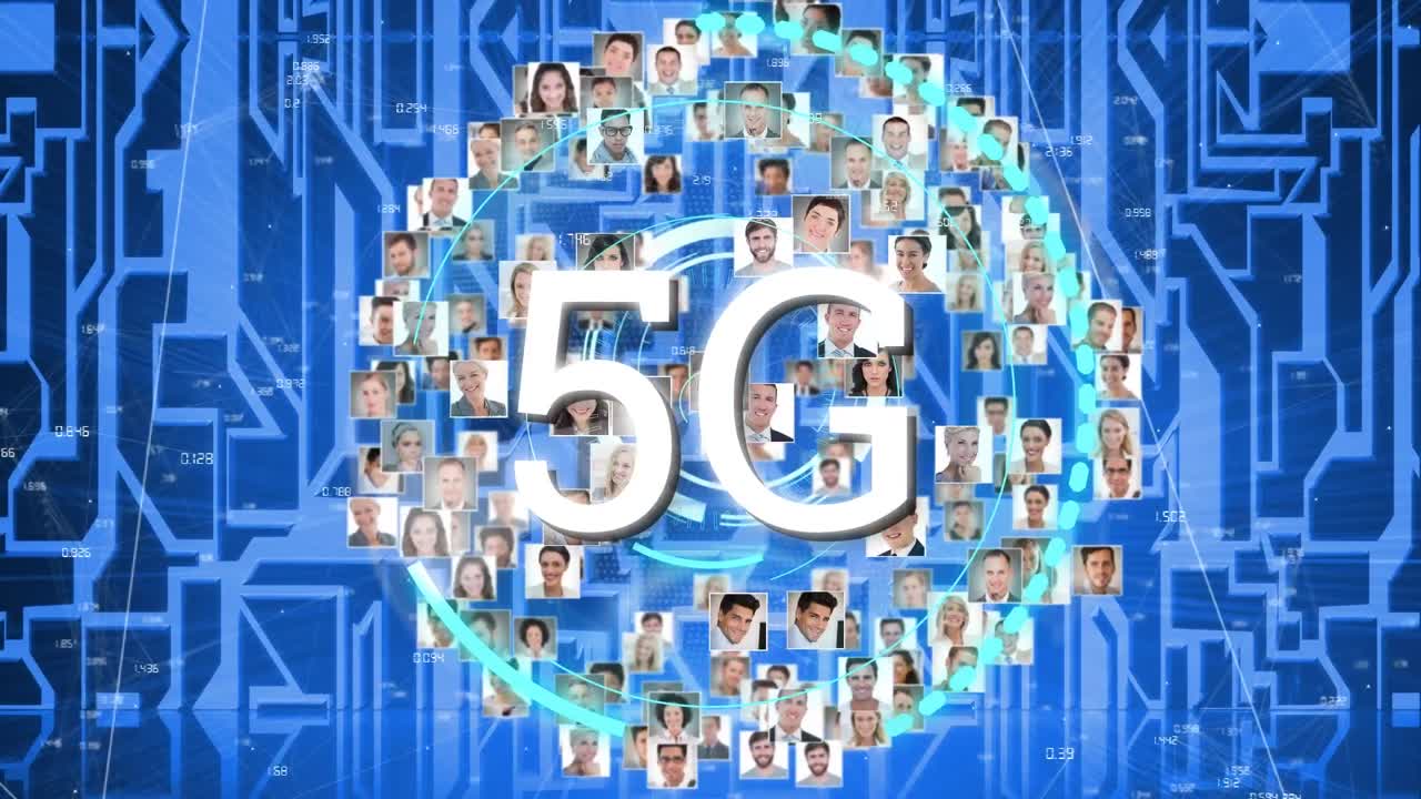 animación de 5g sobre el globo hecha de fotos de usuarios y circuito integrado