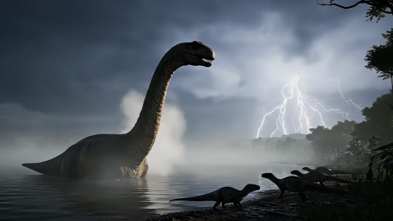 Dinosaurs in a Stormy Lake