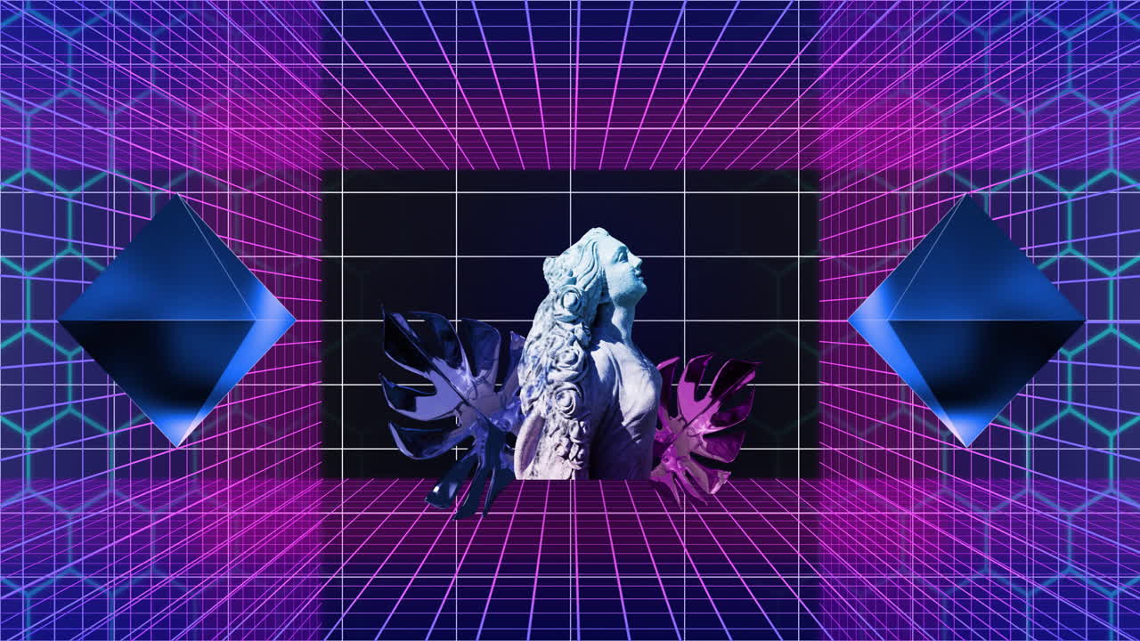 анимация ромбов, статуя женщины на листьях с решетчатым рисунком на черном фоне