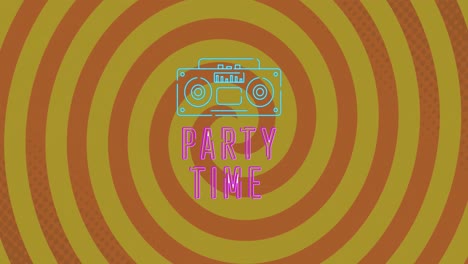 Animation-of-party-time-text-and-radio-icon-over-orange-circles