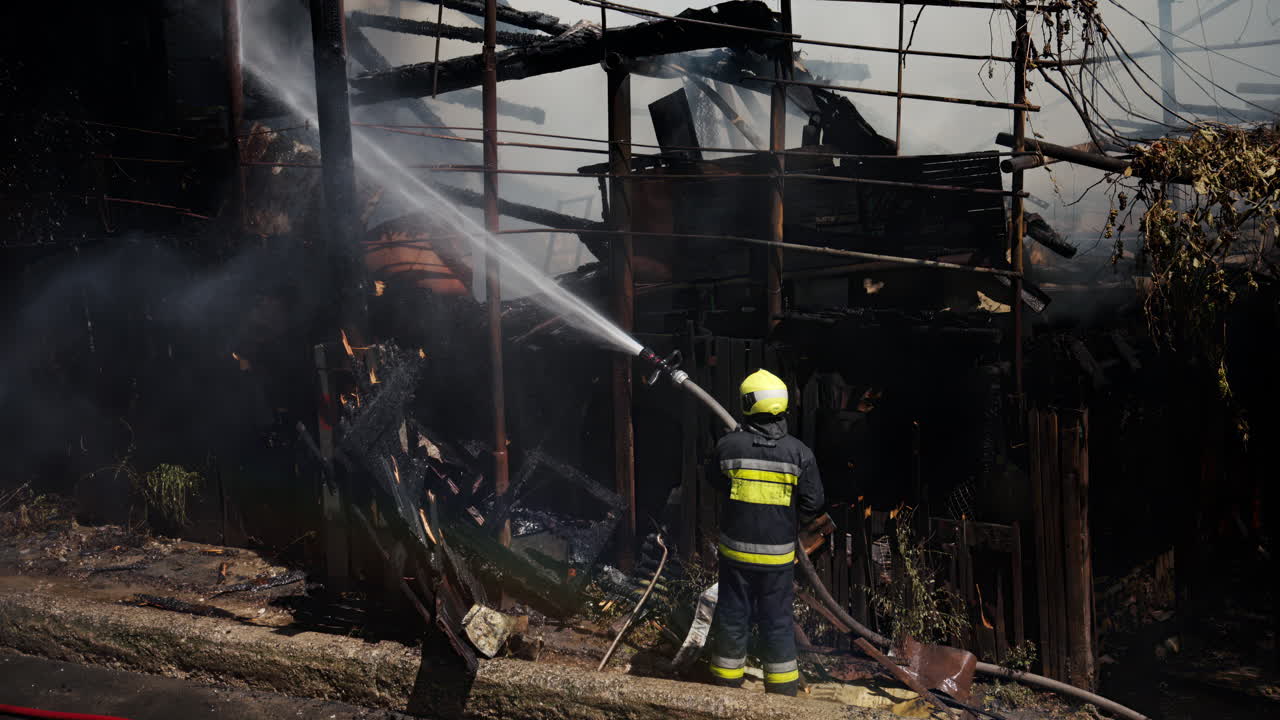 Pompiere che cerca di spegnere un incendio in una casa