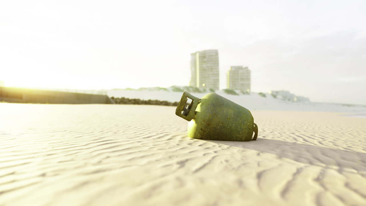 Abandoned Gas Cylinder on a Beach at Sunrise