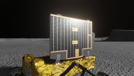 3d animation showing a close up of the chandrayaan rover solar panel as it moves on the moon