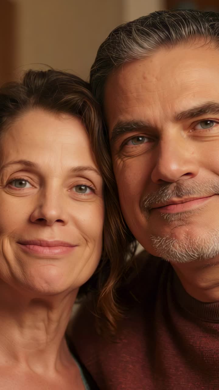 Vídeo vertical: Casal sorridente e próximo em casa, a mulher virando-se para o homem após notar o sorriso.