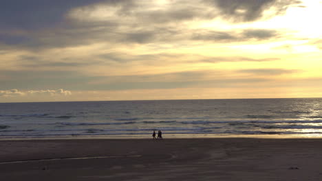 family walking on the beach at sunset in cannon beach oregon.