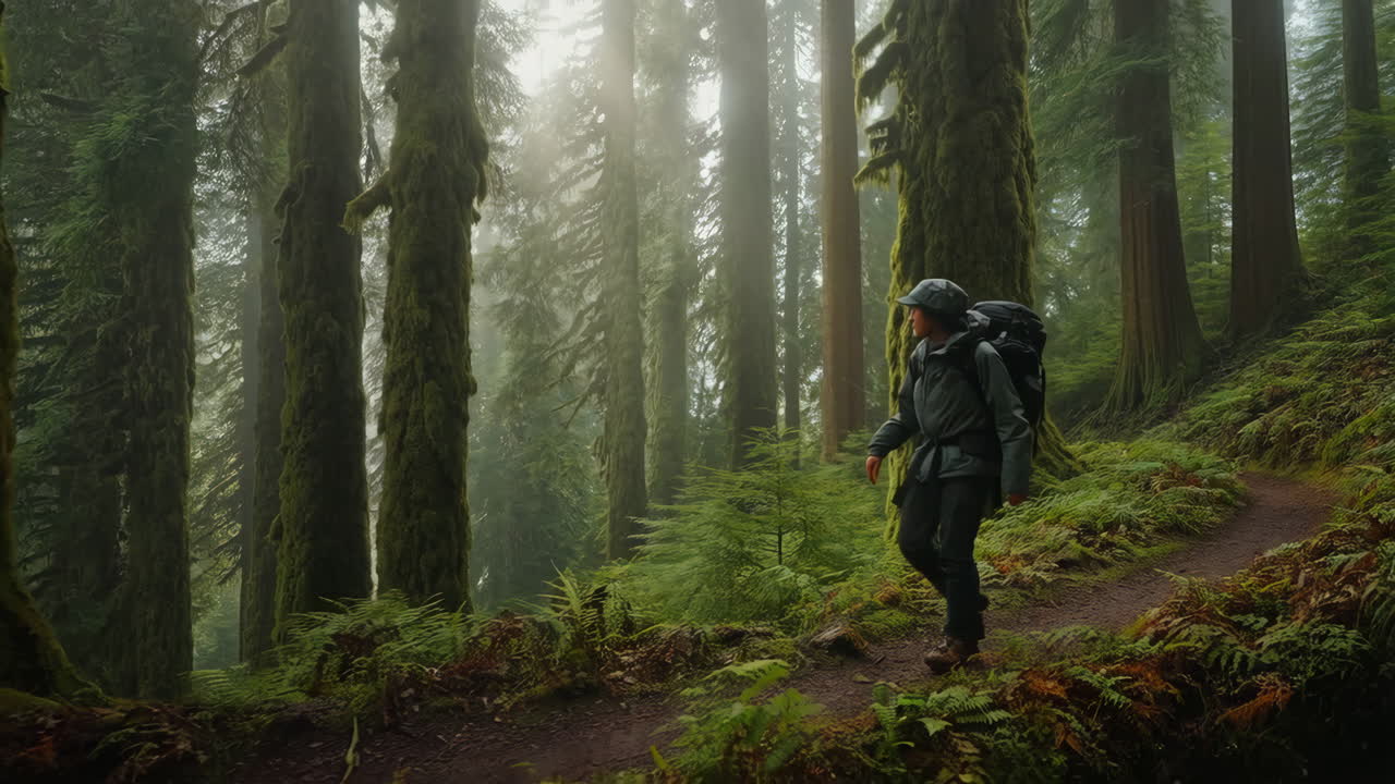 Hiker on a trail in a lush green forest