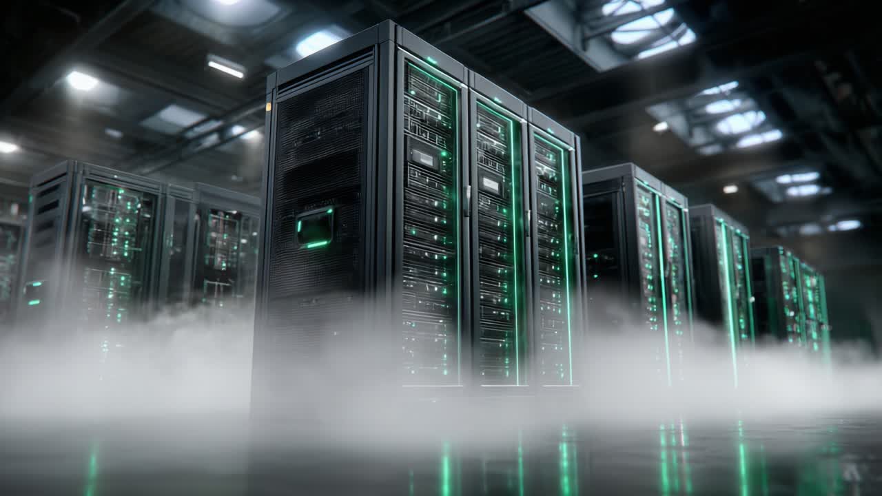 Et højteknologisk datacenter med avancerede serverracks oplyst af grønne lys, omgivet af en tåget atmosfære, der indfanger essensen af moderne computerinfrastruktur