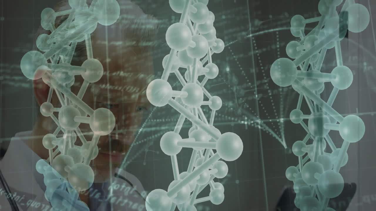 Male scientist analyzing lab environment, overlaying holographic DNA helix with dynamic gridlines
