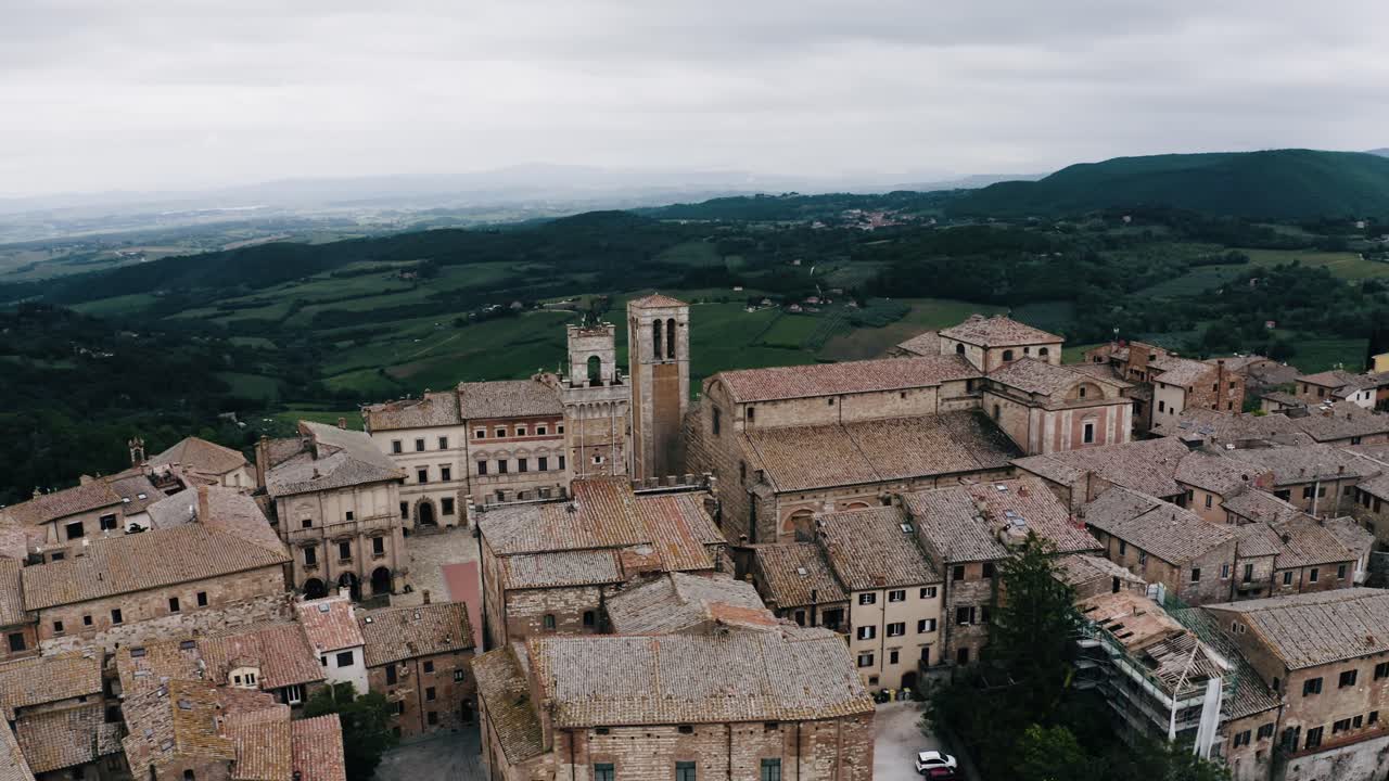 Aerial view of Montepulciano atop Tuscany's roaming hills