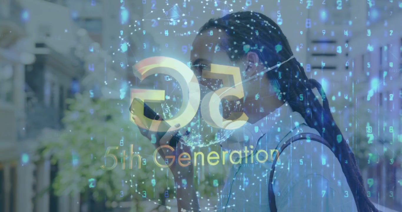 Žena zvedá telefon, mluví a žádá 5G, což způsobuje, že grafické částice překrývají chodník.