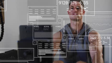 animación de procesamiento de datos sobre hombre caucásico usando remador interior en el gimnasio