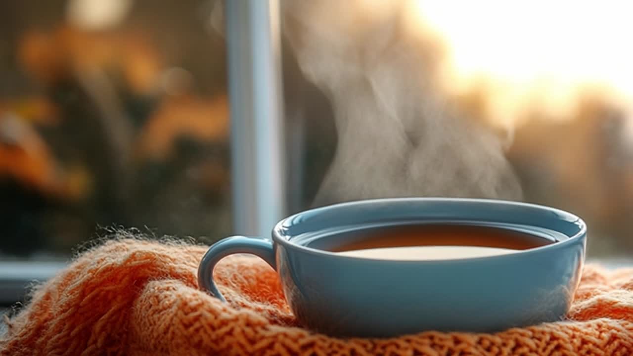 Cozy cup of warm beverage by the window. A steaming cup of tea rests on an orange knitted cloth, with sunlight streaming through a nearby window.