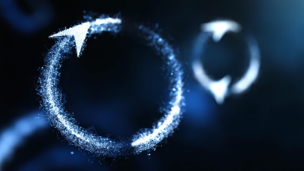 Movimento circolare dinamico con frecce luminose che rappresentano il movimento continuo e la transizione in un universo astratto digitale di particelle e luce