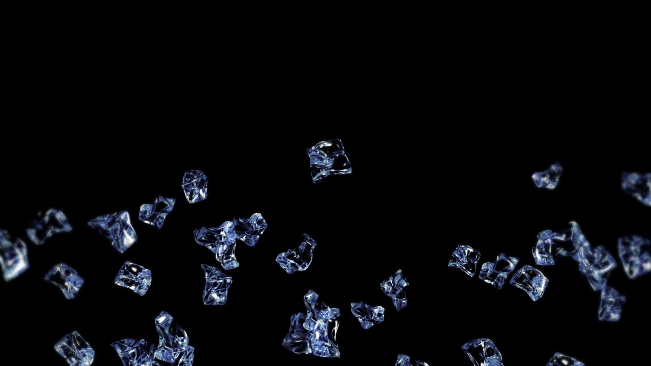 검은색 바탕에 많은 깨한 얼음 큐브를 날아. 부서진 얼음 조각, 자연 물. 부러진 얼음의 3d 애니메이션 회전. 루프 애니메이션.
