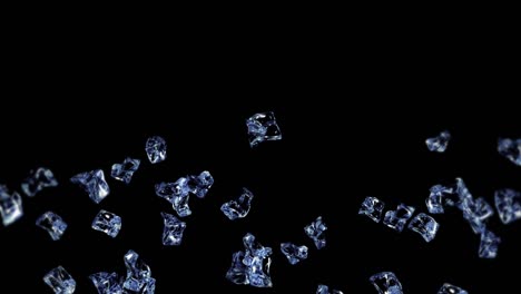 flying many clean ice cubes on black background. pieces of crushed ice, natural water. 3d animation of crushed ice rotating. loop animation.