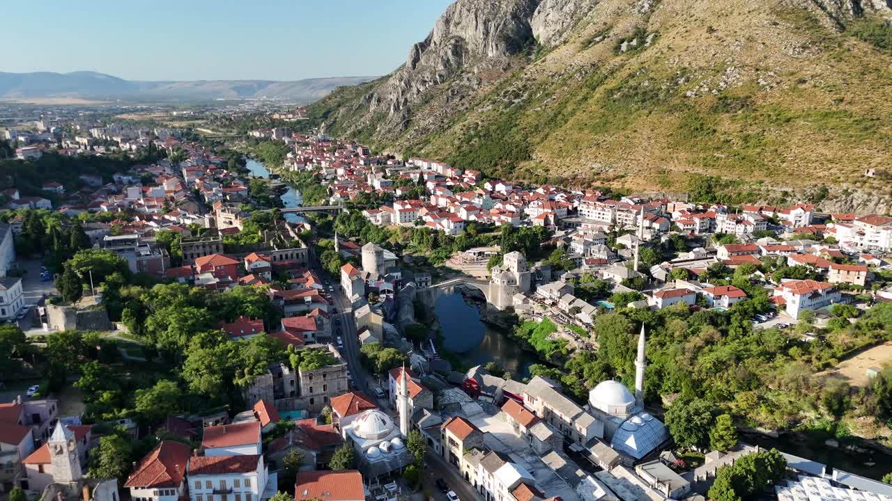 Aerial drone view of Mostar town city bosnia and herzegovina balkan country balkans old bridge Neretva River Stari Most summer july