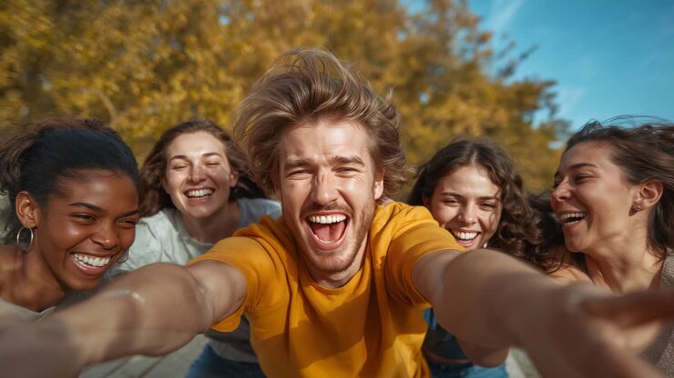 Uomo con smartphone sollevato al centro, in camicia gialla, che guida cinque amici verso di lui in un parco soleggiato