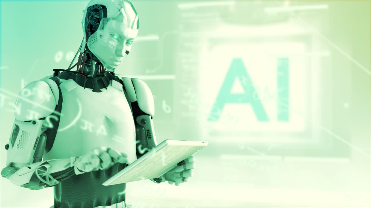 animación 3d de alta calidad de un robot humanoide usando una tableta de estilo ipad con ecuaciones matemáticas y datos de desplazamiento en el aire a su alrededor, en un esquema de color verde fresco