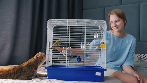 woman feeding birds in a cage while a cat watches