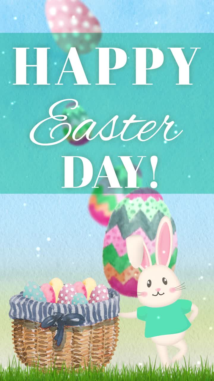 Auguri di buona Pasqua con coniglietto dei cartoni animati e uova che cadono
